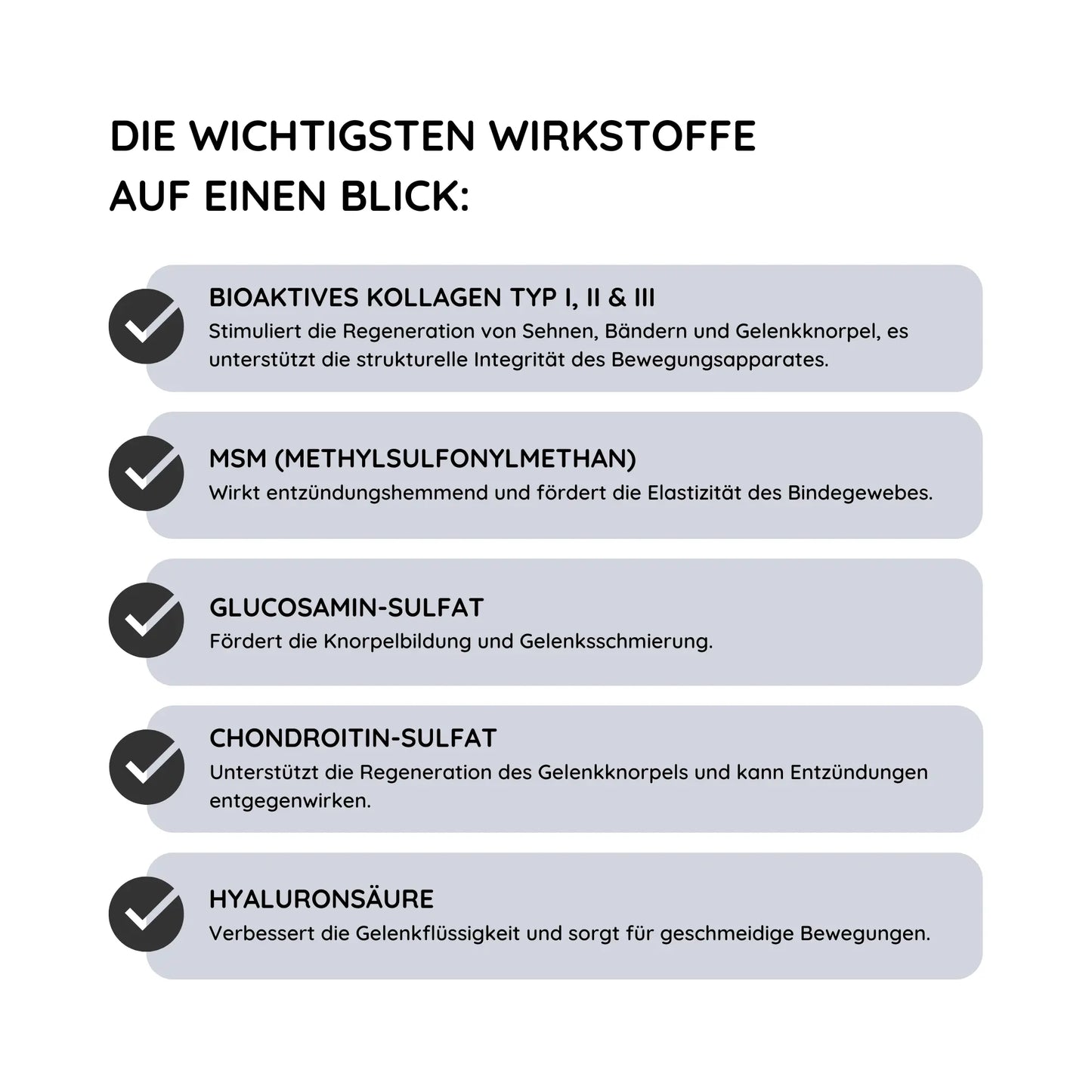 Auflistung der wichtigsten Wirkstoffe in ArthroTotal Human (Kollagen für Menschen)