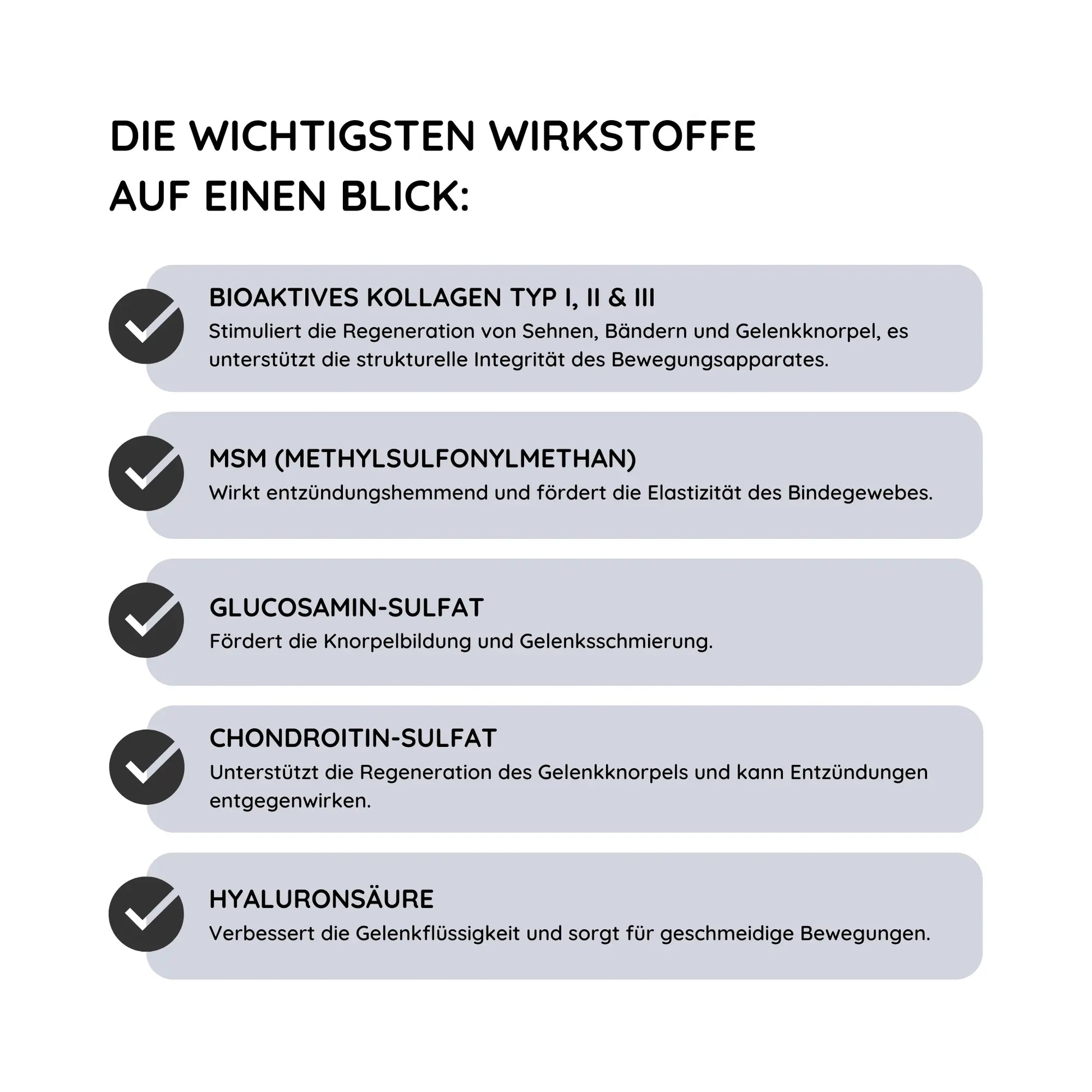 Auflistung der wichtigsten Wirkstoffe in ArthroTotal Human (Kollagen für Menschen)