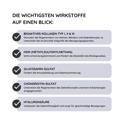 Auflistung der wichtigsten Wirkstoffe in ArthroTotal Human (Kollagen für Menschen)